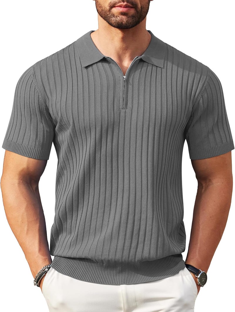 COOFANDY Men's Zipper Polo Shirt - Short Sleeve Ribbed Knit Casual Golf T-Shirt - Image 1
