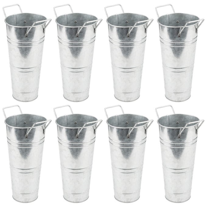 SET OF 8 GALVANIZED METAL FLOWER VASES 9 INCH RUSTIC FARMHOUSE FRENCH BUCKET WITH HANDLESMETAL FLOWER HOLDER FOR WEEDING TABLE HOME DECORATION