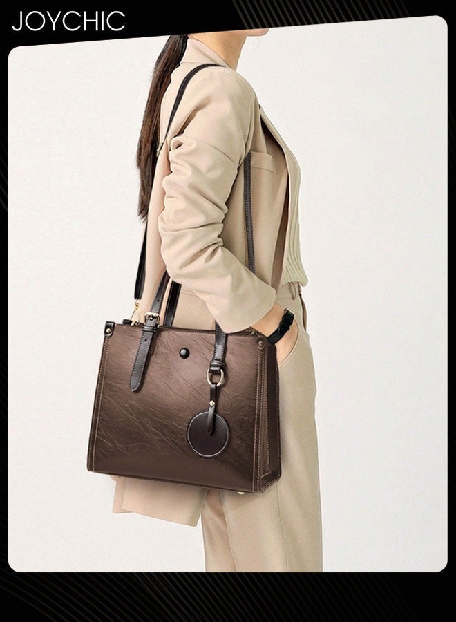 Joychic Fashionable Retro Women Handbag Large Capacity Multi Pocket Commuting Shoulder Crossbody Bag for Office Daily Work Brown