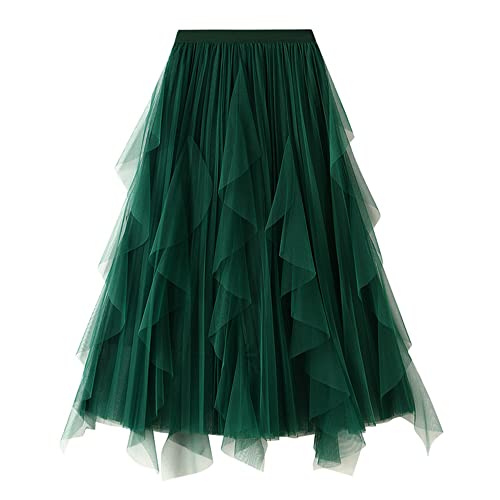 Dirholl Women's A-Line Fairy Patterned Elastic Waist Ruffle Tulle Layered Midi Skirt Scallop Green - Image 1