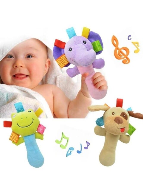 Baby Plush Animal Rattle Toys, Soft Sensory Squeaker Set with Colorful Tags, 3 Pack