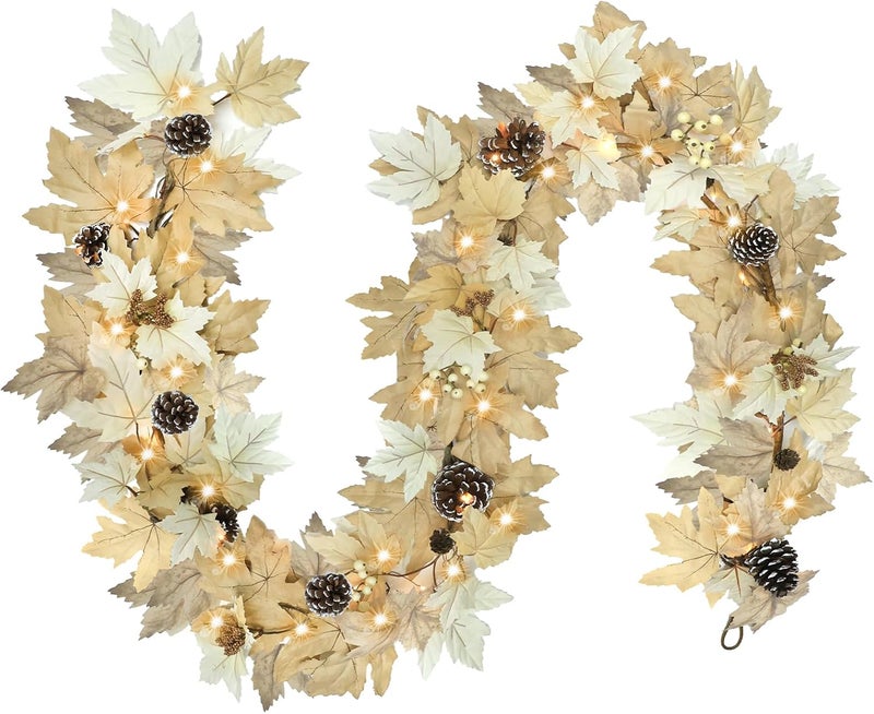 Ghrdopy 6 FT Realistic Fall Garland with Lights Timer Function Fall Leaves Maple Garland with Berries Pine Cones Autumn Automatic Fall Decorations for Home Mantle Fireplace Porch Table Decor - Image 1
