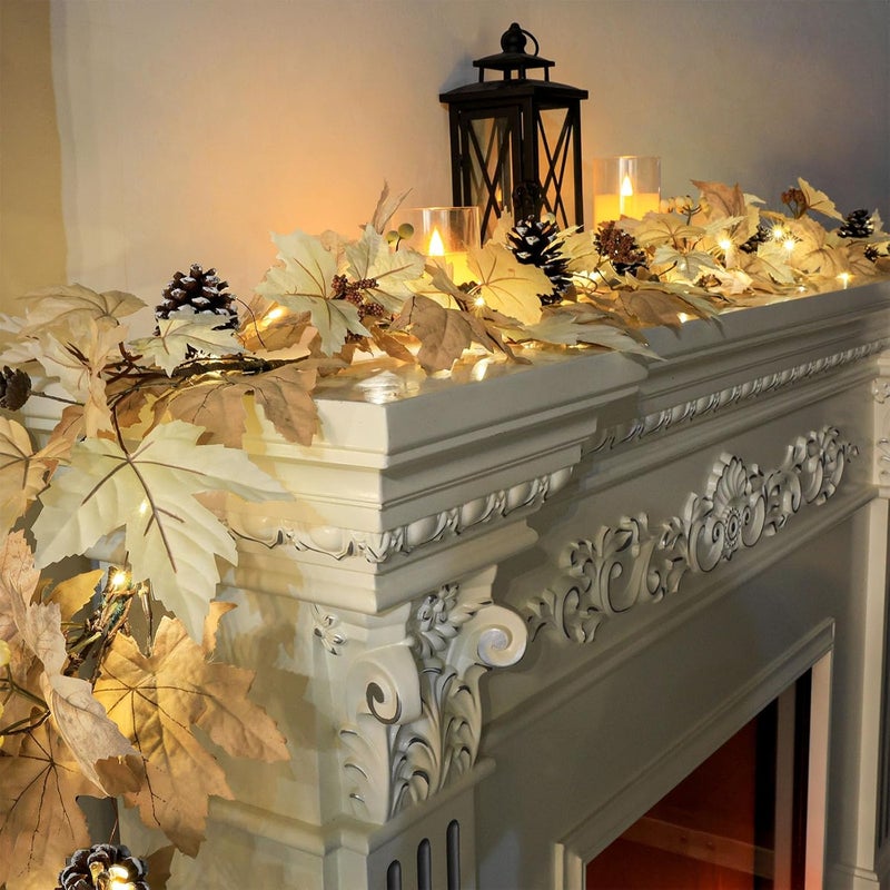 Ghrdopy 6 FT Realistic Fall Garland with Lights Timer Function Fall Leaves Maple Garland with Berries Pine Cones Autumn Automatic Fall Decorations for Home Mantle Fireplace Porch Table Decor - Image 3