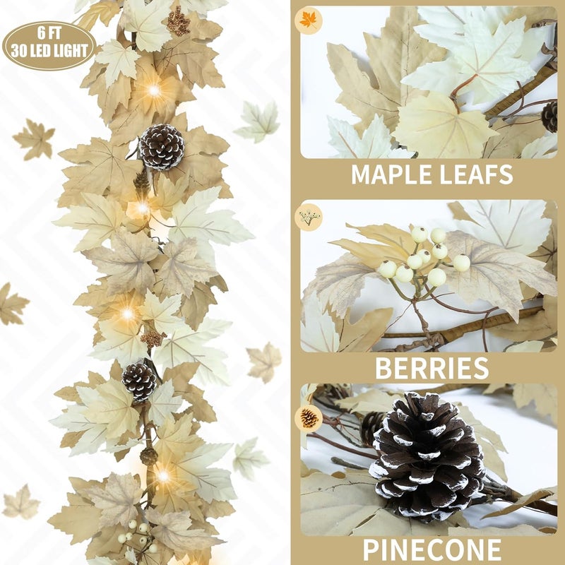 Ghrdopy 6 FT Realistic Fall Garland with Lights Timer Function Fall Leaves Maple Garland with Berries Pine Cones Autumn Automatic Fall Decorations for Home Mantle Fireplace Porch Table Decor - Image 4