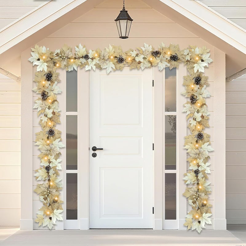 Ghrdopy 6 FT Realistic Fall Garland with Lights Timer Function Fall Leaves Maple Garland with Berries Pine Cones Autumn Automatic Fall Decorations for Home Mantle Fireplace Porch Table Decor - Image 2