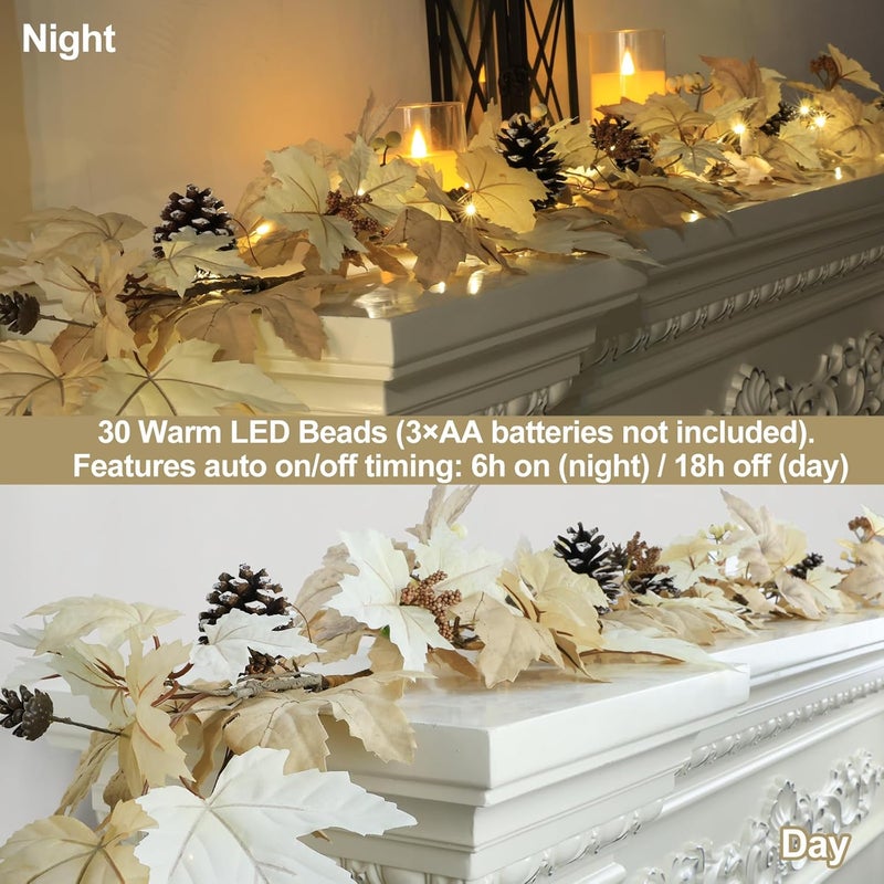 Ghrdopy 6 FT Realistic Fall Garland with Lights Timer Function Fall Leaves Maple Garland with Berries Pine Cones Autumn Automatic Fall Decorations for Home Mantle Fireplace Porch Table Decor - Image 5