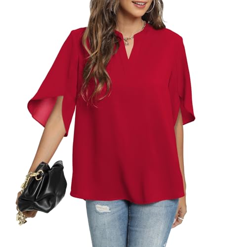 Funlingo Women's Summer Tops Short Sleeve Business Casual Shirts V Neck Chiffon Dressy Blouse Ladies Work Blusas de Mujer Red Large - Image 2