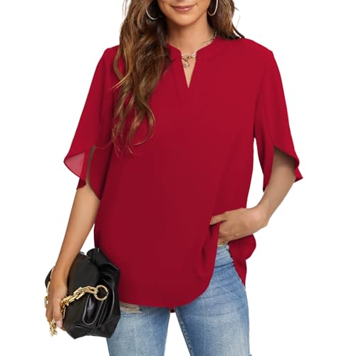 Funlingo Women's Summer Tops Short Sleeve Business Casual Shirts V Neck Chiffon Dressy Blouse Ladies Work Blusas de Mujer Red Large - Image 1