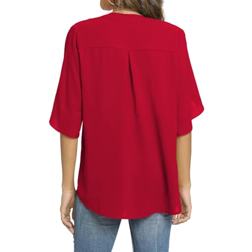 Funlingo Women's Summer Tops Short Sleeve Business Casual Shirts V Neck Chiffon Dressy Blouse Ladies Work Blusas de Mujer Red Large - Image 4