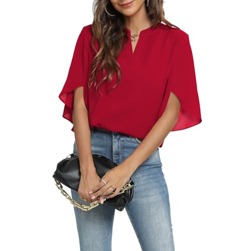 Funlingo Women's Summer Tops Short Sleeve Business Casual Shirts V Neck Chiffon Dressy Blouse Ladies Work Blusas de Mujer Red Large - Image 3
