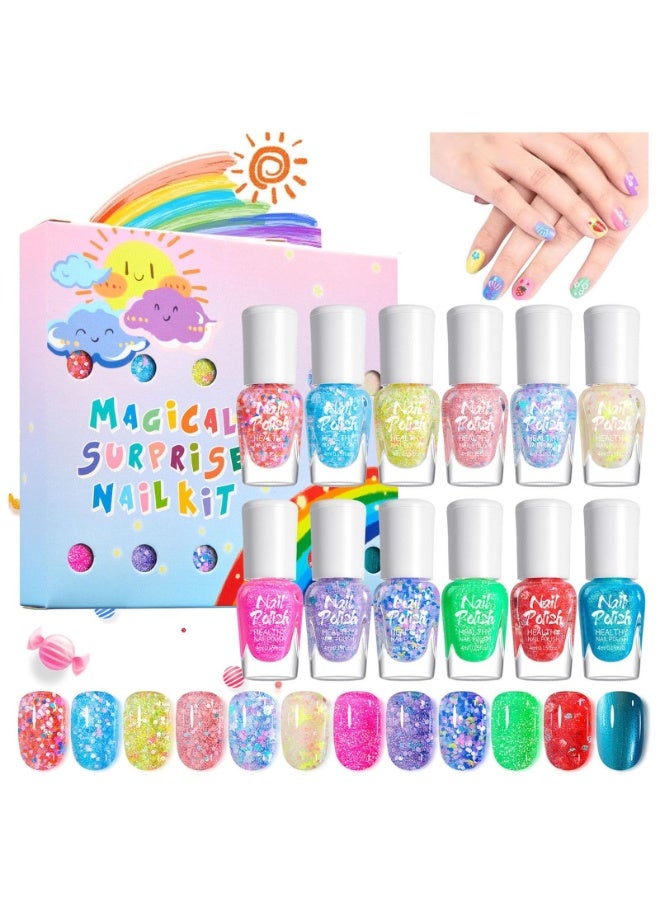 Beauenty Kids Nail Polish, 12 Colors Non-Toxic Water Based Peel-Off Nail Polish Set with 3 Stickers, Non Toxic & Safe Nail Polish Set for Girls Ages 5+ for Parties, Birthday and Makeovers (12Colors) - Image 1