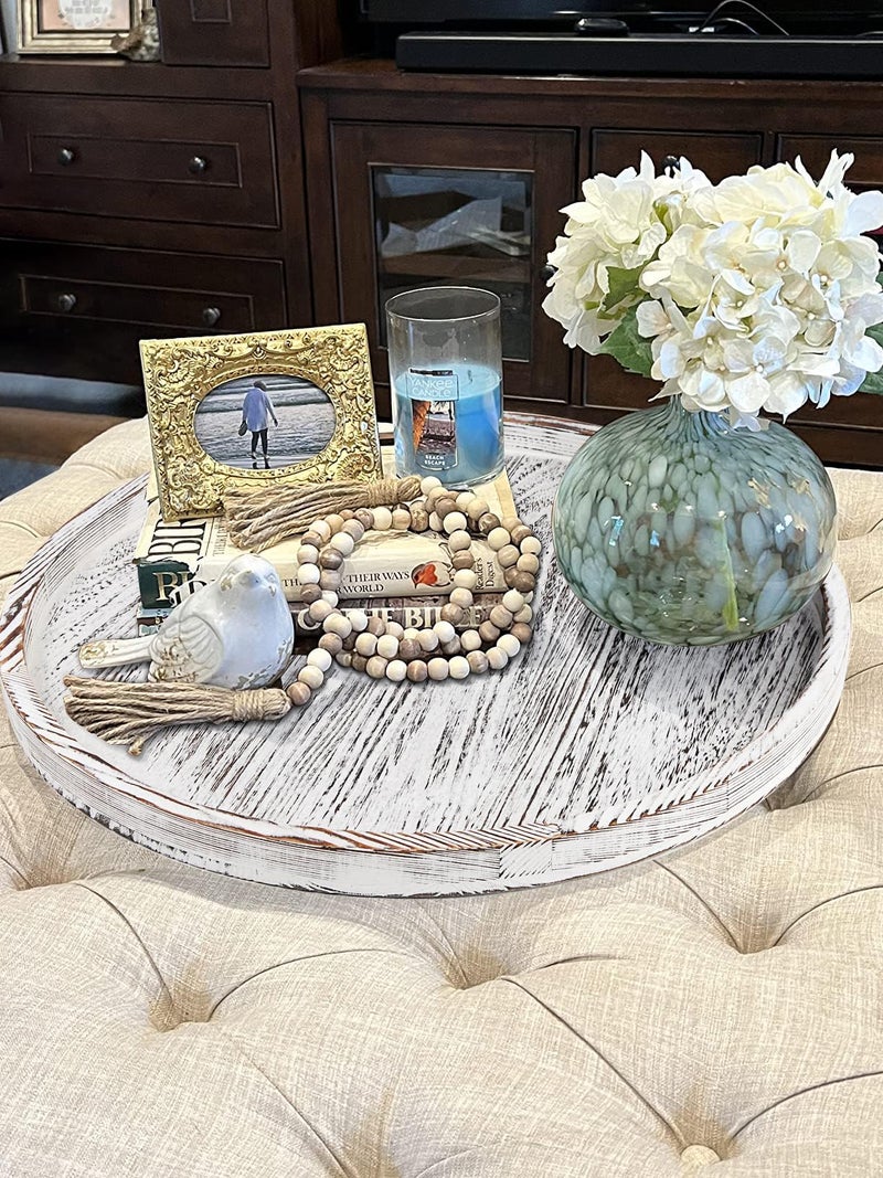 Gurfuy Extra Large Round Ottoman Table Tray 20" - Rustic Wooden Serving Tray for Farmhouse Decorative Oversized Coffee Table Trays Living Room Kitchen Counter Breakfast White - Image 5