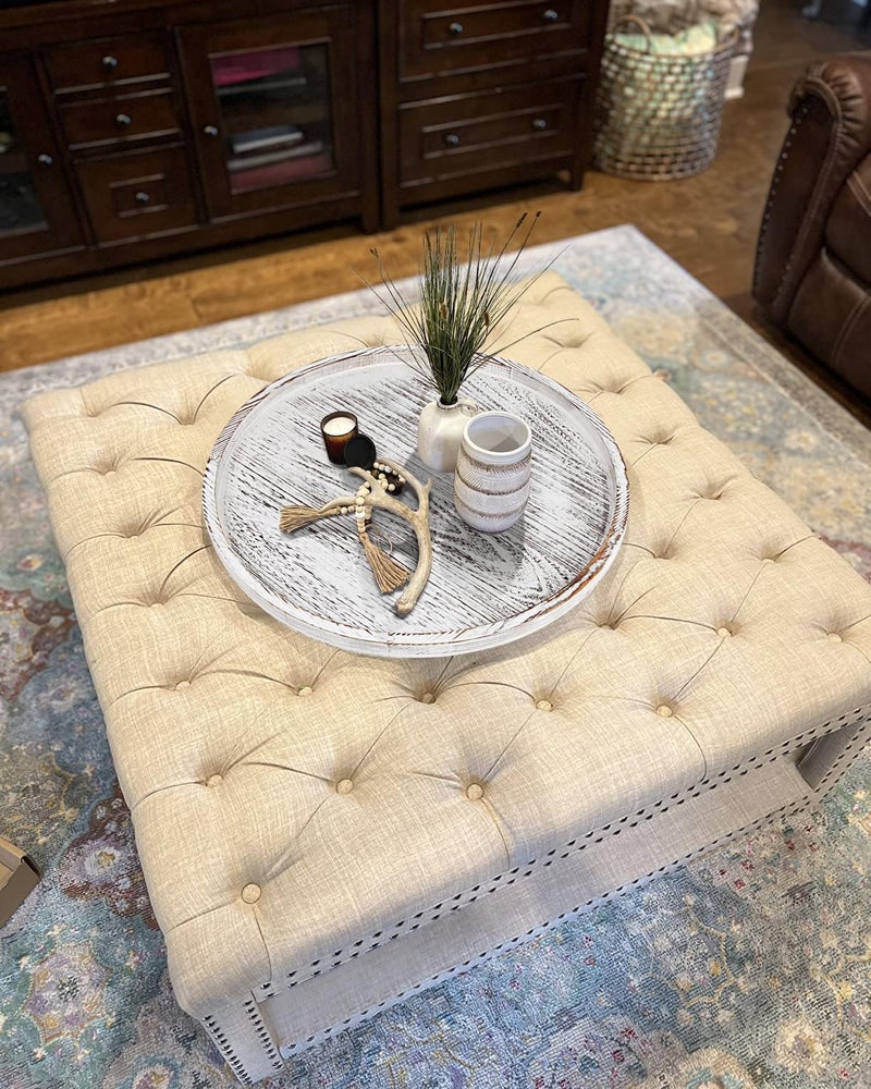 Gurfuy Extra Large Round Ottoman Table Tray 20" - Rustic Wooden Serving Tray for Farmhouse Decorative Oversized Coffee Table Trays Living Room Kitchen Counter Breakfast White - Image 4