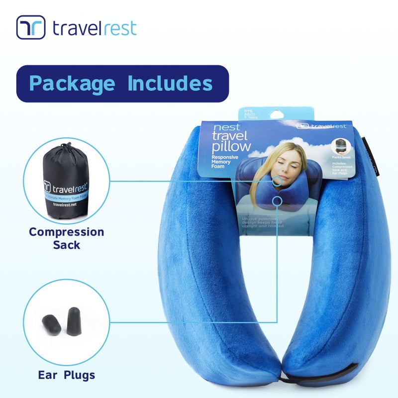 travelrest TRAVELREST Nest Memory Foam Travel Neck Pillow, Advanced Support for Long Flights, Patented Design, Optimal Relaxation, Compact, Ergonomic, and Washable, On-the-Go, Attacthes to Luggage - (Blue, Nest)  - Image 2