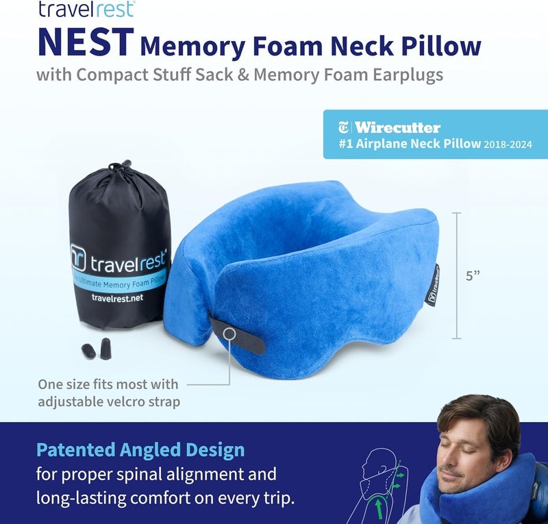 travelrest TRAVELREST Nest Memory Foam Travel Neck Pillow, Advanced Support for Long Flights, Patented Design, Optimal Relaxation, Compact, Ergonomic, and Washable, On-the-Go, Attacthes to Luggage - (Blue, Nest)  - Image 3