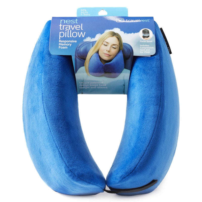 travelrest TRAVELREST Nest Memory Foam Travel Neck Pillow, Advanced Support for Long Flights, Patented Design, Optimal Relaxation, Compact, Ergonomic, and Washable, On-the-Go, Attacthes to Luggage - (Blue, Nest)  - Image 1
