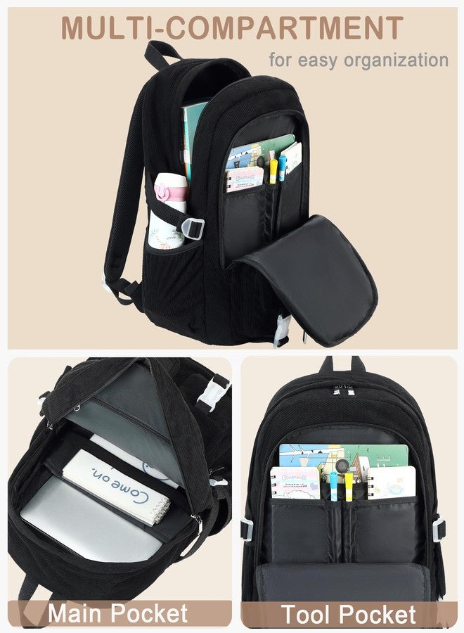 Hidds School Backpack with Lunch Box Laptop College Backpacks Corduroy Students Bookbag with Lunch Bag for Teens Girls Women, 12-corduroy Black Set, 7.1 x 13.5 x 17 inches, School Backpack Set - Image 4