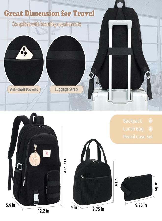 Hidds School Backpack with Lunch Box Laptop College Backpacks Corduroy Students Bookbag with Lunch Bag for Teens Girls Women, 12-corduroy Black Set, 7.1 x 13.5 x 17 inches, School Backpack Set - Image 3