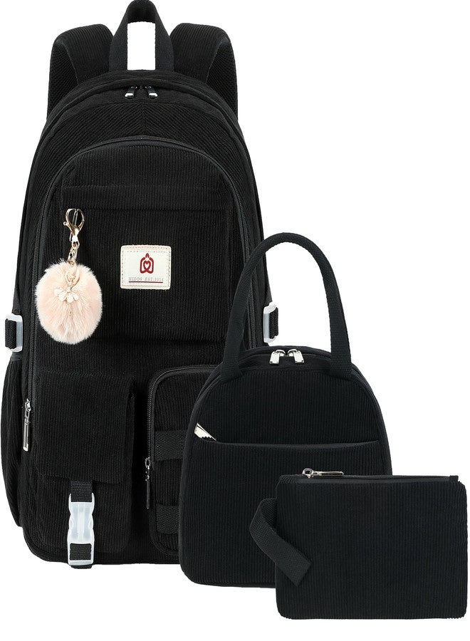 Hidds School Backpack with Lunch Box Laptop College Backpacks Corduroy Students Bookbag with Lunch Bag for Teens Girls Women, 12-corduroy Black Set, 7.1 x 13.5 x 17 inches, School Backpack Set - Image 1