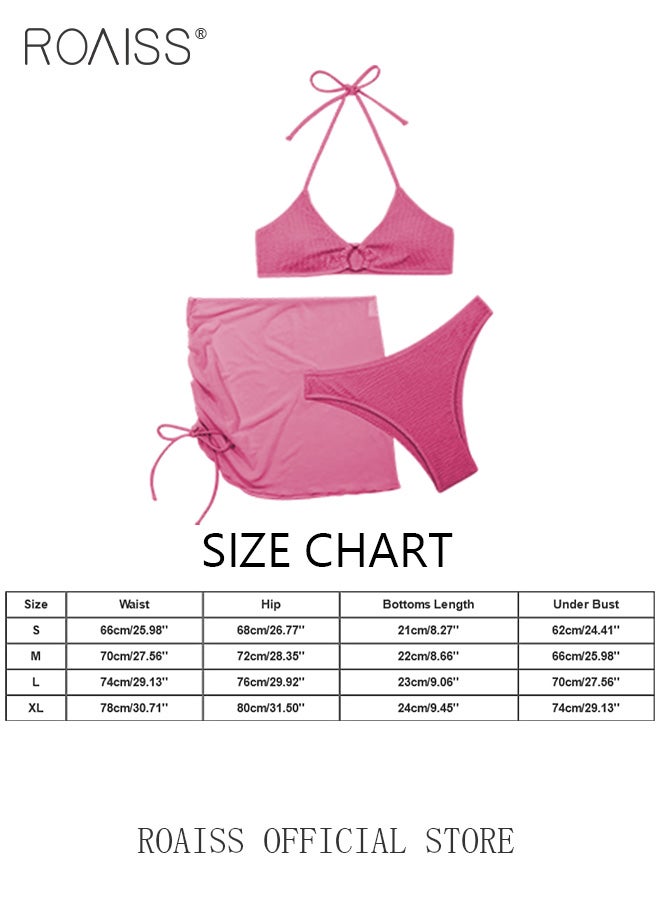 roaiss 3 Pack Bikini Sets Halter Beachwear Ladies Tankini Swimsuit Hollow Out Beach Skirt Push Up Textured Ring Linked for Swimwear - Image 5