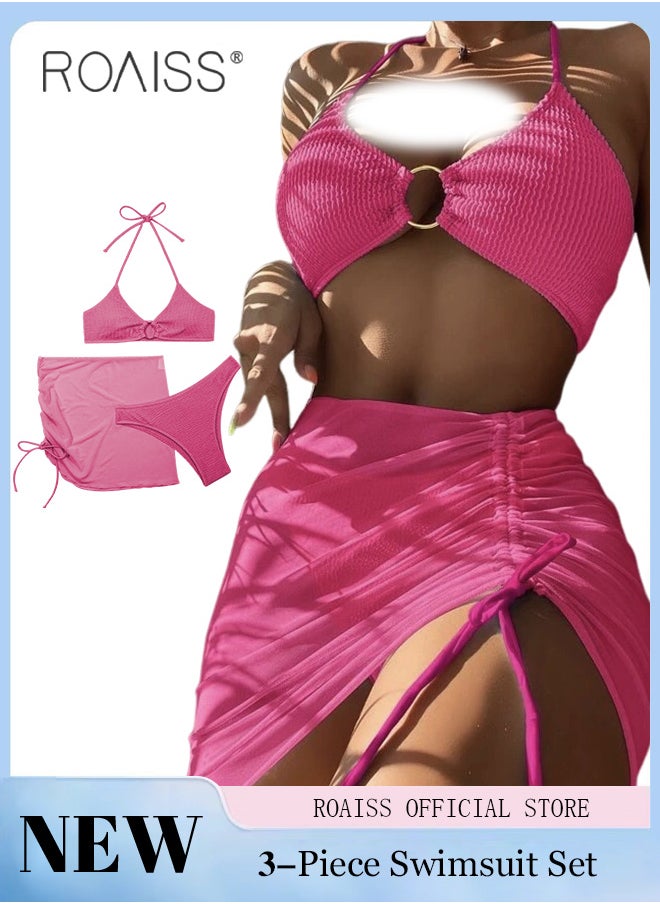 roaiss - 3 Pack Bikini Sets Halter Beachwear Ladies Tankini Swimsuit Hollow Out Beach Skirt Push Up Textured Ring Linked for Swimwear - Image 1