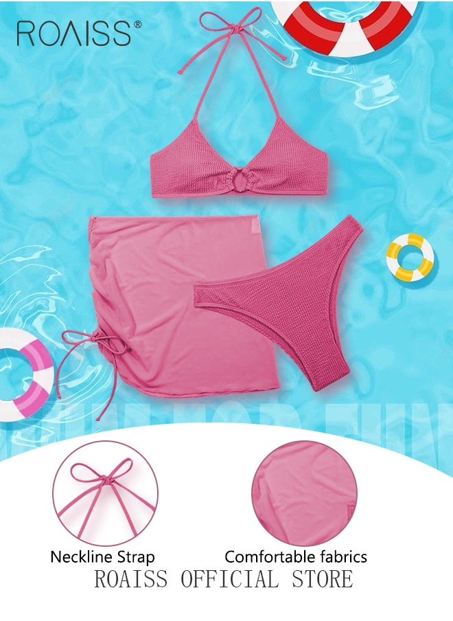 roaiss - 3 Pack Bikini Sets Halter Beachwear Ladies Tankini Swimsuit Hollow Out Beach Skirt Push Up Textured Ring Linked for Swimwear - Image 1