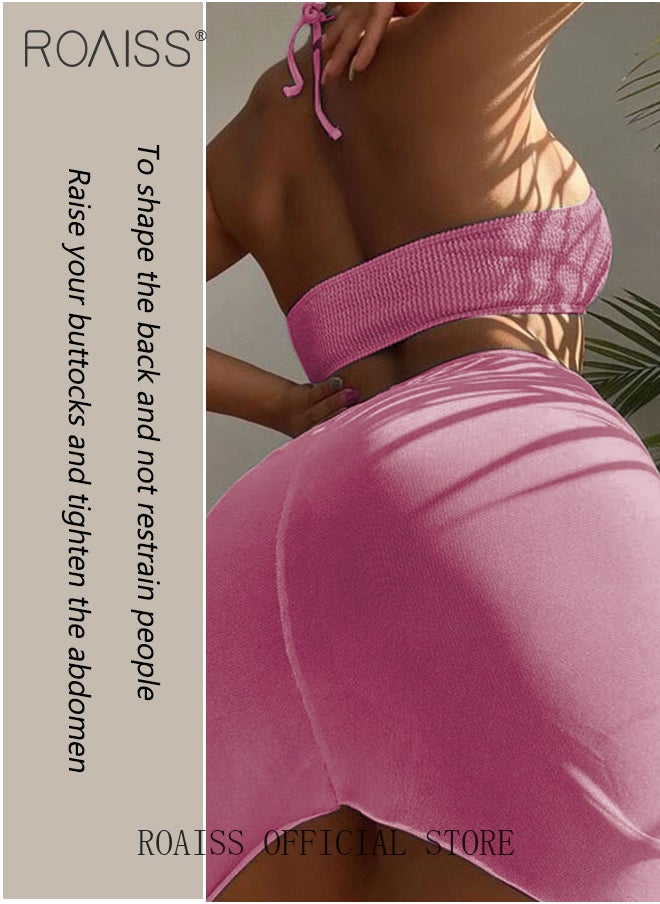 roaiss - 3 Pack Bikini Sets Halter Beachwear Ladies Tankini Swimsuit Hollow Out Beach Skirt Push Up Textured Ring Linked for Swimwear - Image 1
