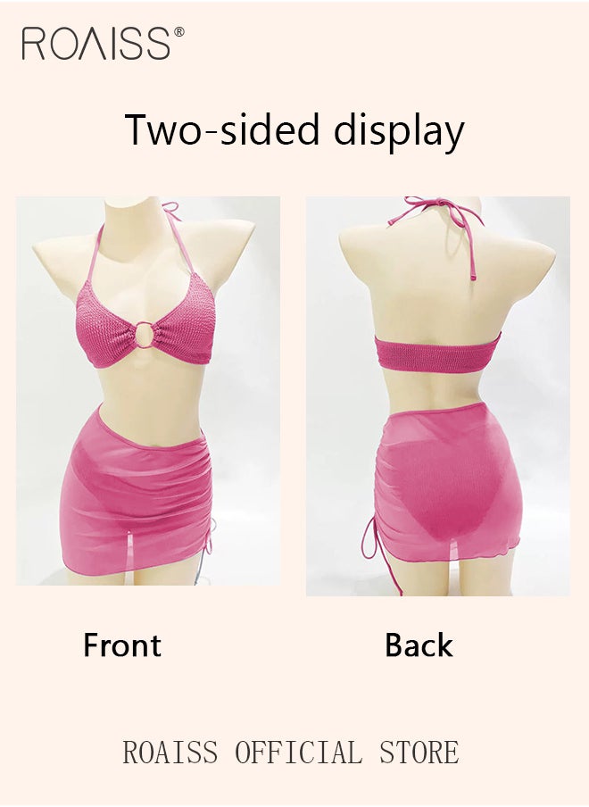 roaiss - 3 Pack Bikini Sets Halter Beachwear Ladies Tankini Swimsuit Hollow Out Beach Skirt Push Up Textured Ring Linked for Swimwear - Image 1
