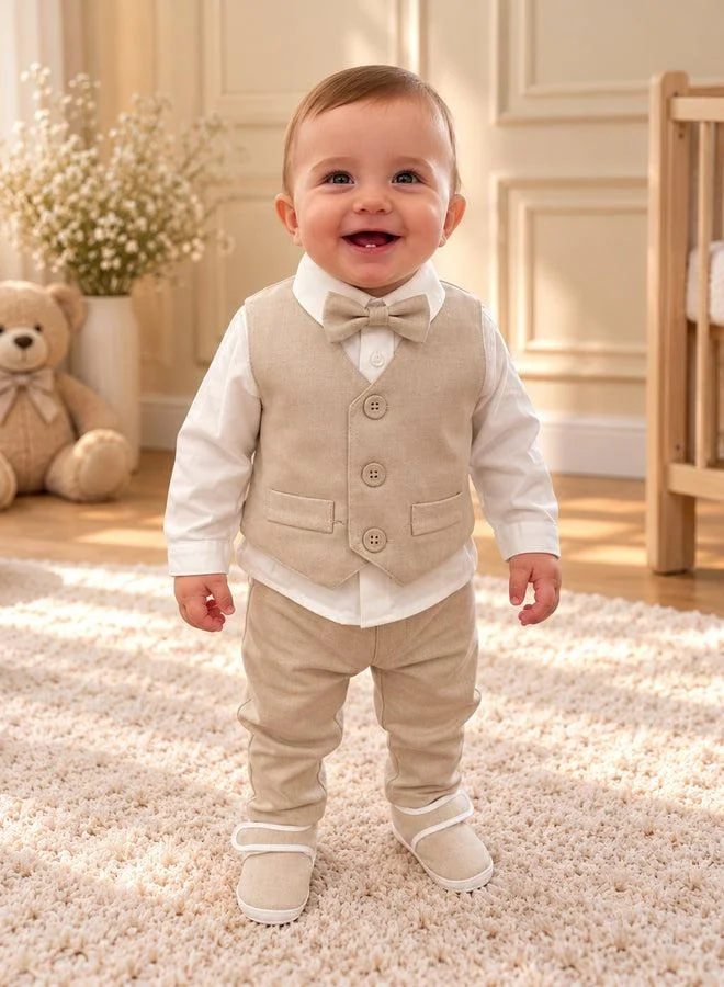 فيا بامبينو Beige Linen Vest & Bow Tie Set