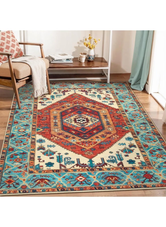 YelaJoy Boho Area Rug 5x7 Orange, Washable Large Rugs for Living Room, Ultra Soft Non-Slip Bedroom Rug Print Distressed Vintage Tribal Farmhouse Carpet Rug for Dining Room Dorm Office Home Decor - Image 5