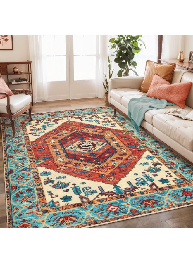 YelaJoy Boho Area Rug 5x7 Orange, Washable Large Rugs for Living Room, Ultra Soft Non-Slip Bedroom Rug Print Distressed Vintage Tribal Farmhouse Carpet Rug for Dining Room Dorm Office Home Decor - Image 1