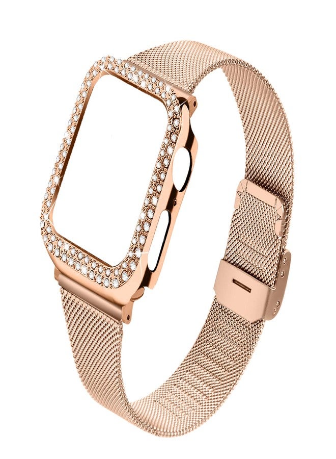 JOYOZY Stainless Steel bands Compatible For Apple Watch 40mm,Women Bling Protective Crystal Diamond Case with Loop Mesh Strap For Apple watch Series 6/SE/5/4 (No Tool Needed) (Rose Gold, 40MM) - Image 1