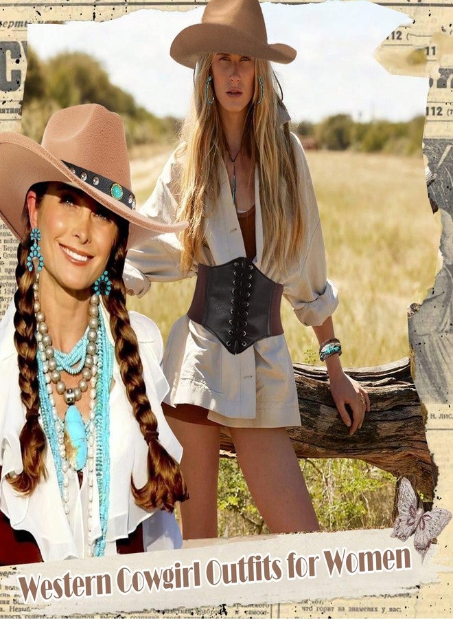 EIELO 17Pcs Western Cowgirl Costume Set Roleplay Cowboy Hats Corset Turquoise Earrings Rings Leather Choker Bracelets (brown) - Image 2