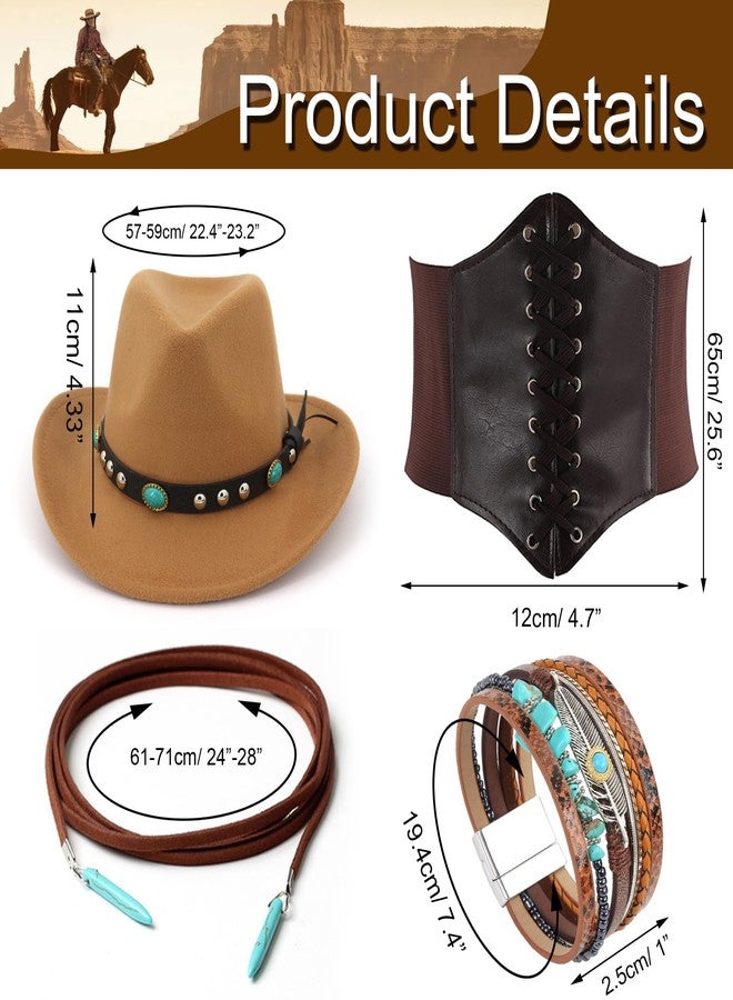 EIELO 17Pcs Western Cowgirl Costume Set Roleplay Cowboy Hats Corset Turquoise Earrings Rings Leather Choker Bracelets (brown) - Image 3