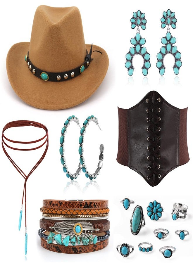 EIELO 17Pcs Western Cowgirl Costume Set Roleplay Cowboy Hats Corset Turquoise Earrings Rings Leather Choker Bracelets (brown) - Image 1