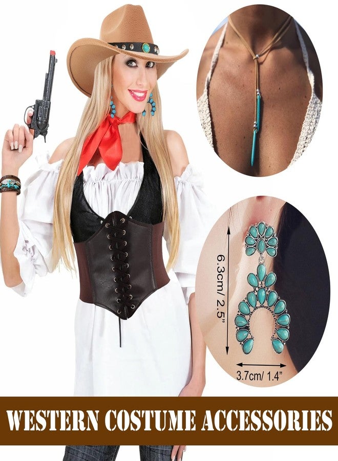 EIELO 17Pcs Western Cowgirl Costume Set Roleplay Cowboy Hats Corset Turquoise Earrings Rings Leather Choker Bracelets (brown) - Image 4