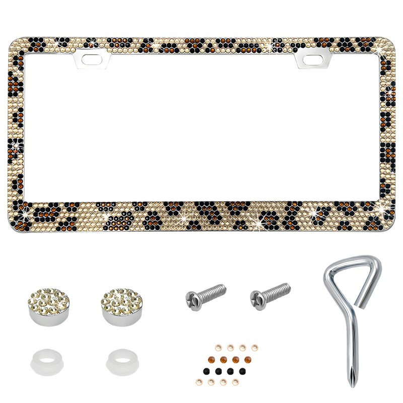 YTFRL Bling License Plate Frame Sparkly Rhinestone Car Tag Cover with Mounting Kit Stainless Steel ObstructionFree Crystal Auto License Plate Holder for Women Car Accessories Leopard Print - Image 3