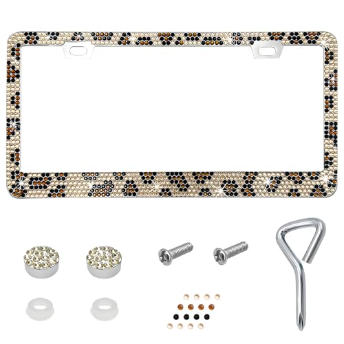 YTFRL Bling License Plate Frame Sparkly Rhinestone Car Tag Cover with Mounting Kit Stainless Steel ObstructionFree Crystal Auto License Plate Holder for Women Car Accessories Leopard Print - Image 1