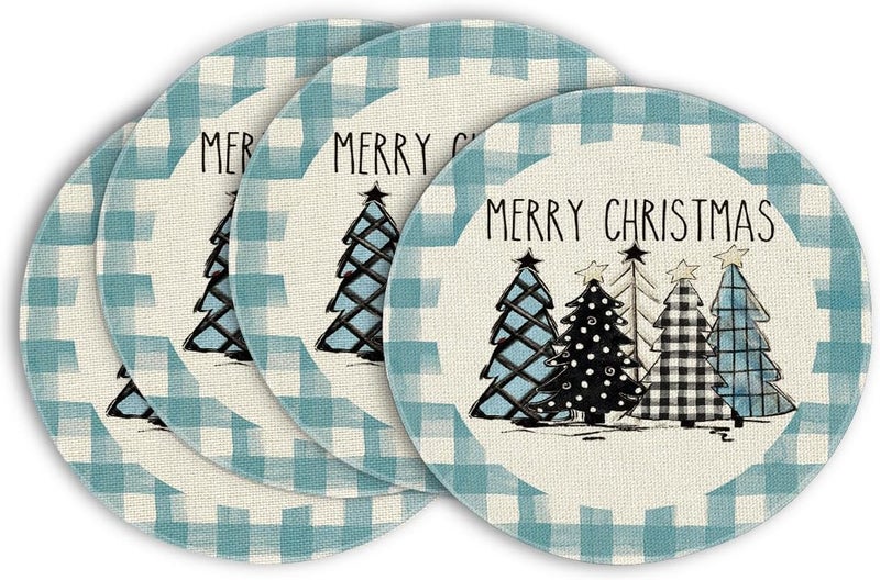Artoid Mode Xmas Trees Light Blue Buffalo Plaid Merry Christmas Round Placemats Set of 414 Inch Winter Round Table Mats for Dining Decoration