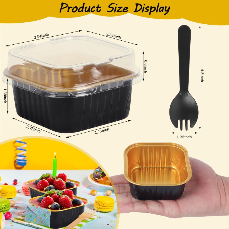 CXIIPOL 60 Pack 5 OZ Mini Cake Pans with Lids, 3.5x3.5 Inch Mini Cake Tins, Aluminum Foil Square Baking Cups Disposable Cake Containers for Party, Wedding, Birthdays, Black and Gold - Image 2
