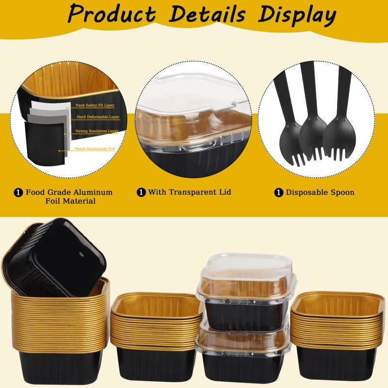 CXIIPOL 60 Pack 5 OZ Mini Cake Pans with Lids, 3.5x3.5 Inch Mini Cake Tins, Aluminum Foil Square Baking Cups Disposable Cake Containers for Party, Wedding, Birthdays, Black and Gold - Image 3