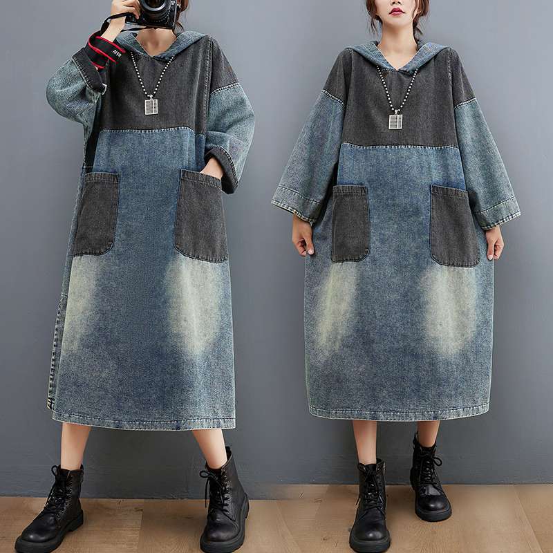 Real shot in stock contrast color Denim hooded mid-length dress womens distressed white split loose skirt Blue