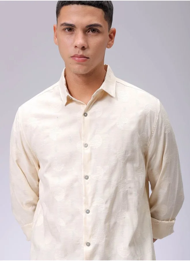 The Indian Garage Co Men Regular Fit Textured Solid Full Sleeves Cutaway Collar Resort Wear Shirt