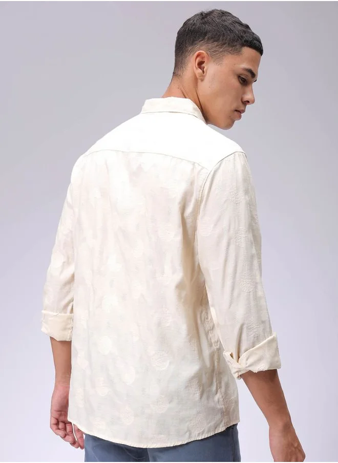 The Indian Garage Co Men Regular Fit Textured Solid Full Sleeves Cutaway Collar Resort Wear Shirt