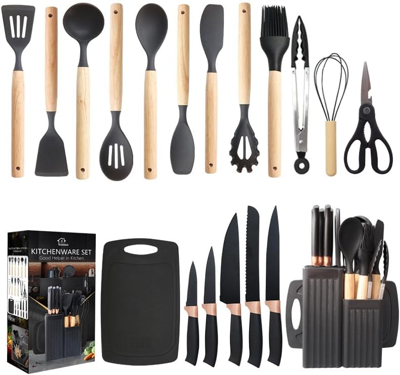 AMINAC Kitchen Utensils Set Cooking Utensils Set, 19PCS Kitchen Set with Silicone Cooking Utensils Spatula Set, Heat Resistant Kitchen Tools, 6PCS Knife Set and Cutting Board (Black 19 PCS)