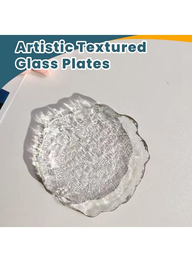 Coolcapis 6 pcs Textured Glass Plates Wavy Edge Decorative Clear Modern Hammered Ice Appetizer Plates Set. Glass Serving Tray Dinner Appetizer Artistic Dinnerware Frosted Elegant (Clear, Small (3.5in / 9cm)) - Image 4