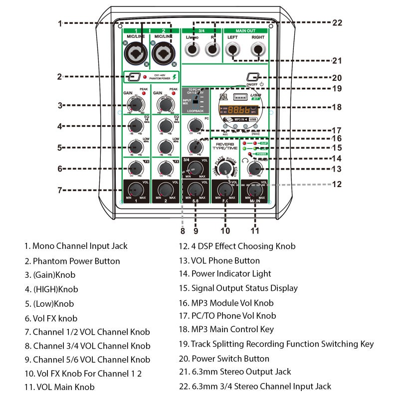 6 Channel Audio Mixer: Black, OTG & Bluetooth Connectivity, 48V Phantom Power, DSP Effects, Studio-Grade Sound Control for Live Streaming, Podcasting, Home Theater & Live Performances - Image 3
