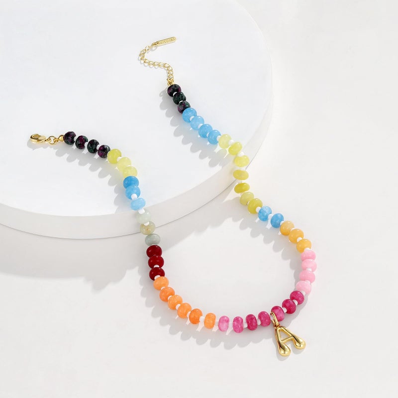 KissYan Initial Necklaces for Women, Colorful Beaded Gemstone Choker 14K Gold Bubble Letter Pendant Necklace Natural Stone Summer Beach Handmade Jewelry Gift(K) - Image 5