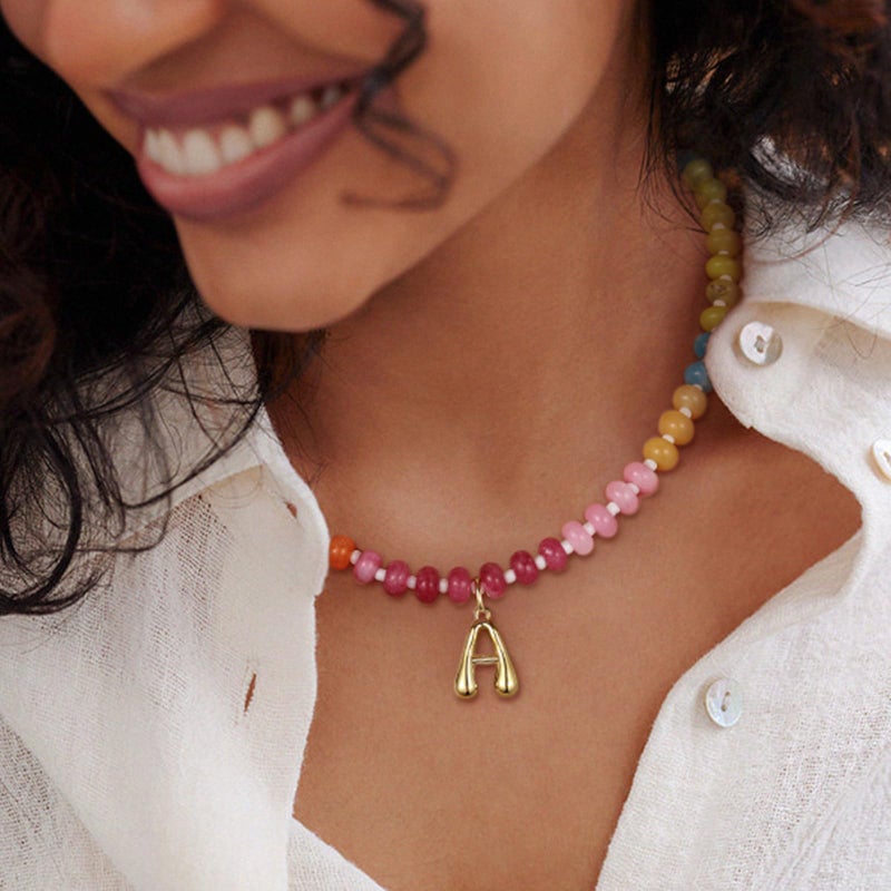 KissYan Initial Necklaces for Women, Colorful Beaded Gemstone Choker 14K Gold Bubble Letter Pendant Necklace Natural Stone Summer Beach Handmade Jewelry Gift(K) - Image 3