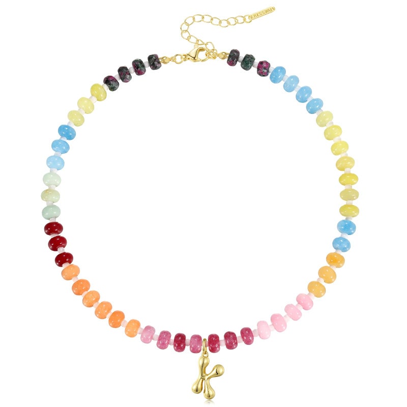KissYan Initial Necklaces for Women, Colorful Beaded Gemstone Choker 14K Gold Bubble Letter Pendant Necklace Natural Stone Summer Beach Handmade Jewelry Gift(K) - Image 1